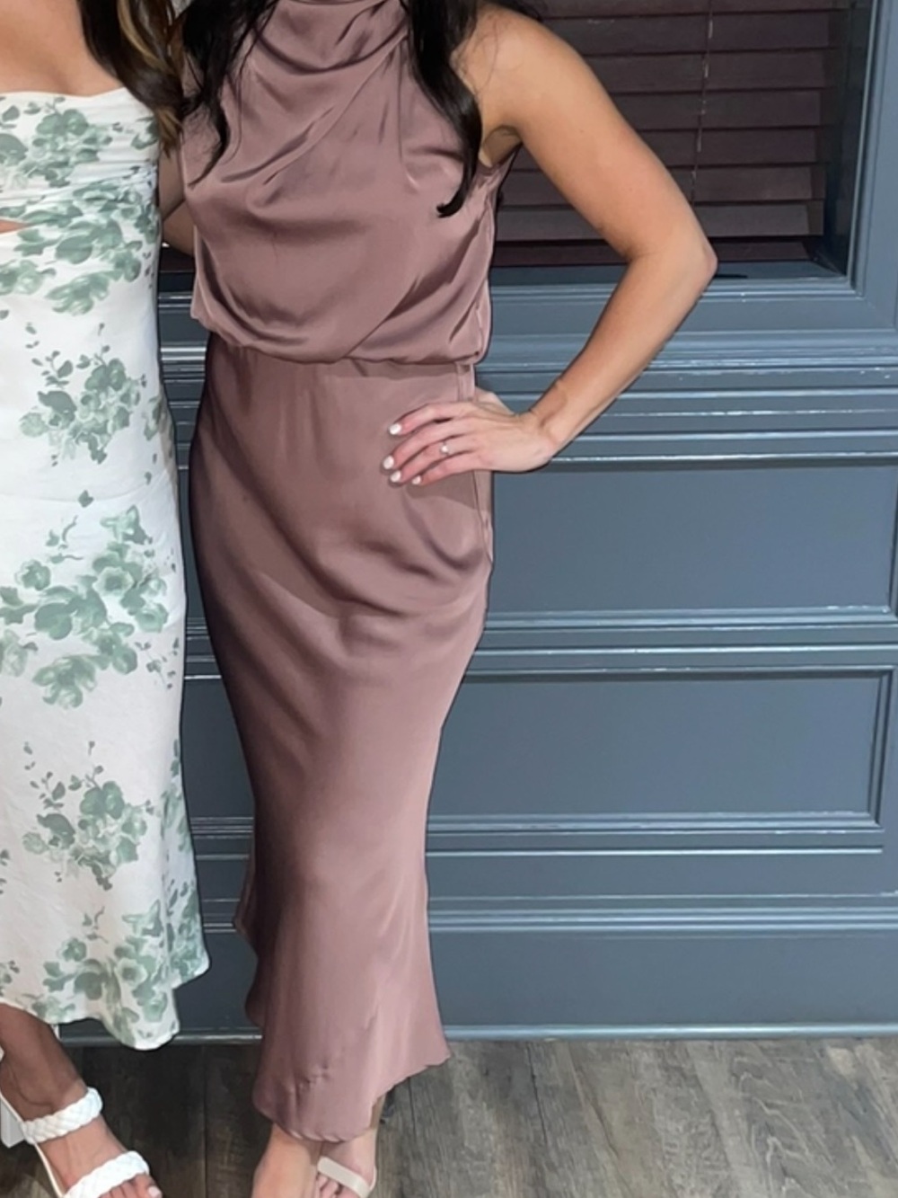 Elegant Mauve Satin Cowl Neck Midi Dress - Women